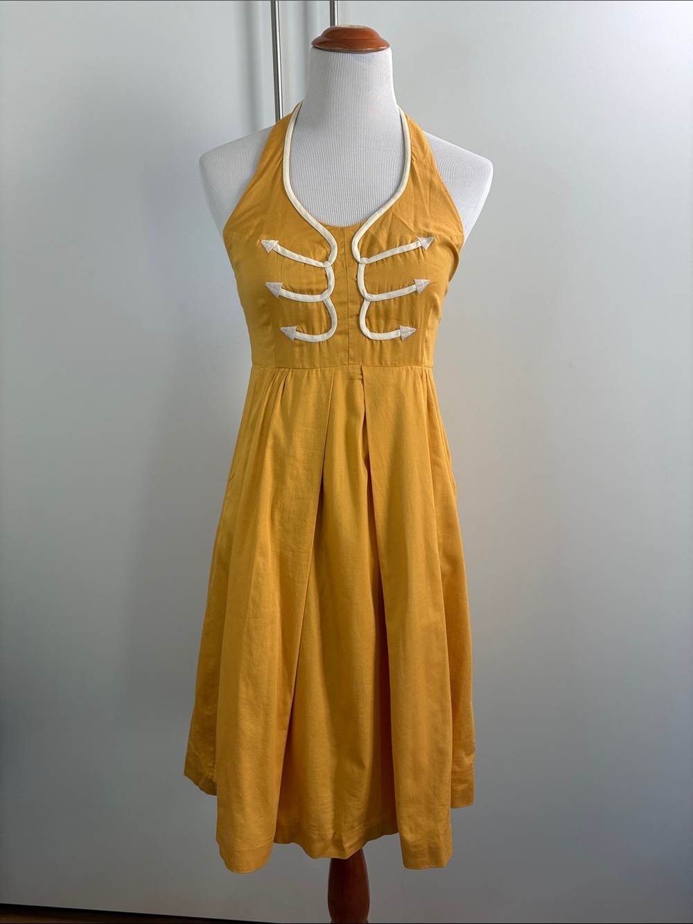 Floreat Yellow Halter Midi Dress with White Trim and Lace Undercoat | 2